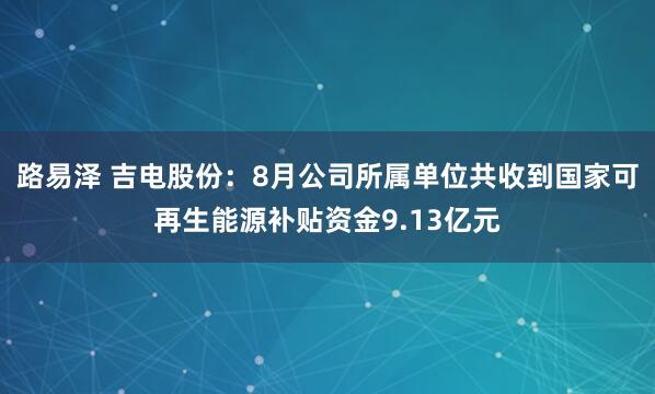 路易泽 吉电股份：8月公司所属单位共收到国家可再生能源补贴资金9.13亿元