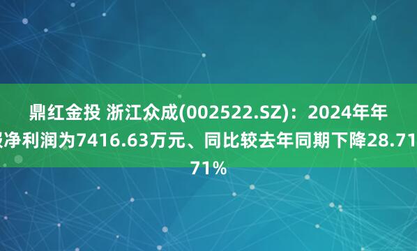 鼎红金投 浙江众成(002522.SZ)：2024年年报净利润为7416.63万元、同比较去年同期下降28.71%